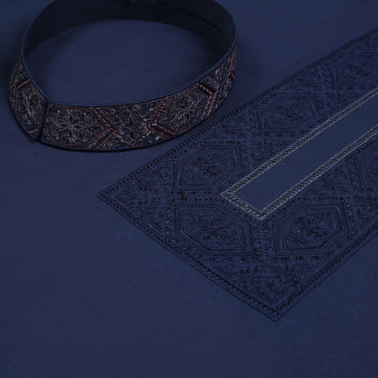 Men Unstitch Fancy Stitch-Embroidered Necline/Bann Kameez Shalwar - Navy