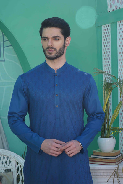 Men Unstitch Front Allover Cotton-Thread Embroidered Kameez Shalwar - Blue
