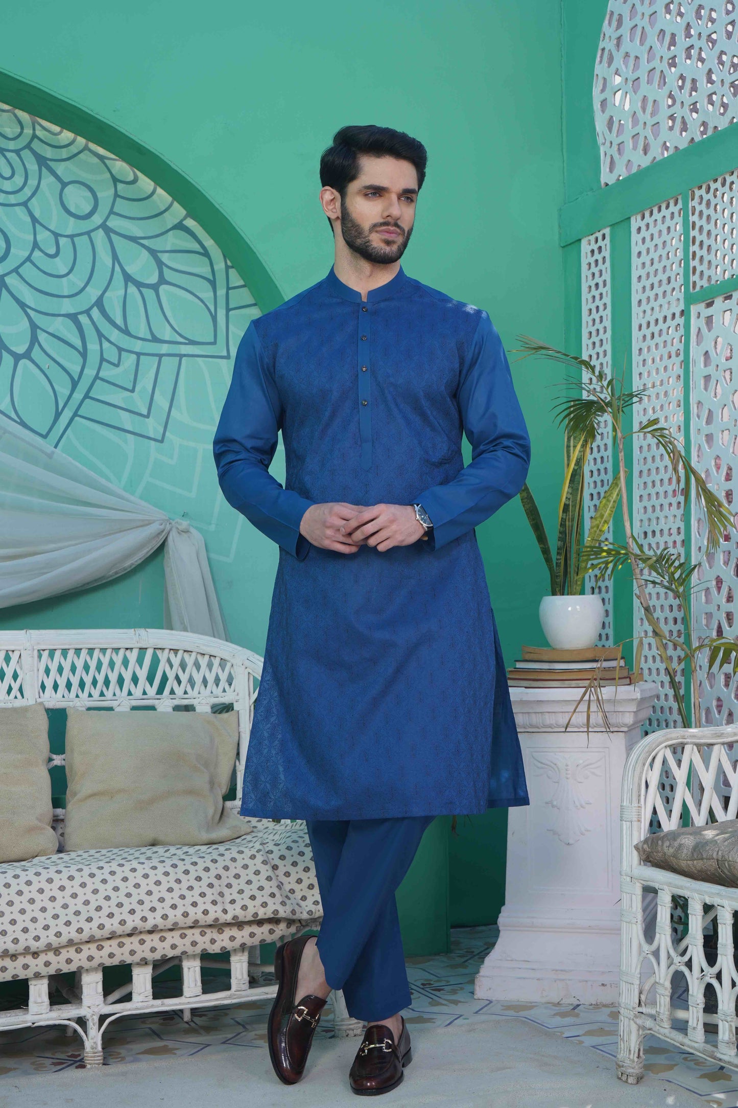Men Unstitch Front Allover Cotton-Thread Embroidered Kameez Shalwar - Blue
