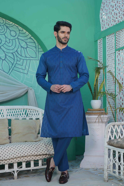 Men Unstitch Front Allover Cotton-Thread Embroidered Kameez Shalwar - Blue
