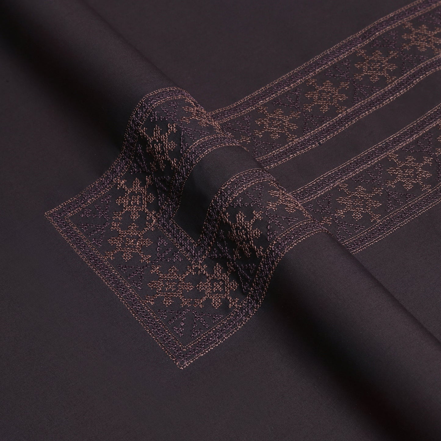 Men Unstitch Cross Stitch Embroidered Neckline Kameez Shalwar - Chocolate