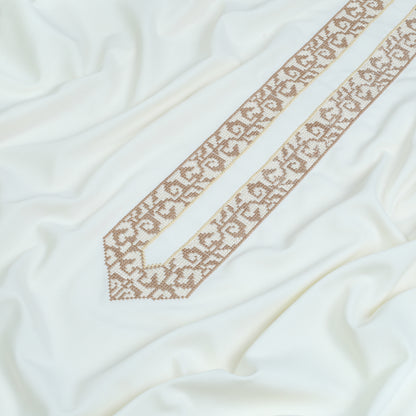 Men Unstitch Cross-Print Stitch Effect Embroidered Neckline - Cream