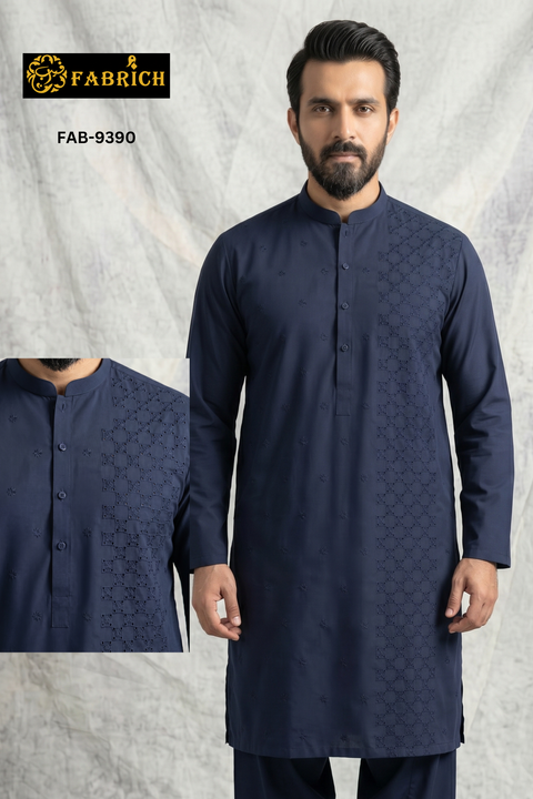 Unstitch Front Allover Cotton-Thread Cutwork Embroidered Kameez Shalwar - Navy