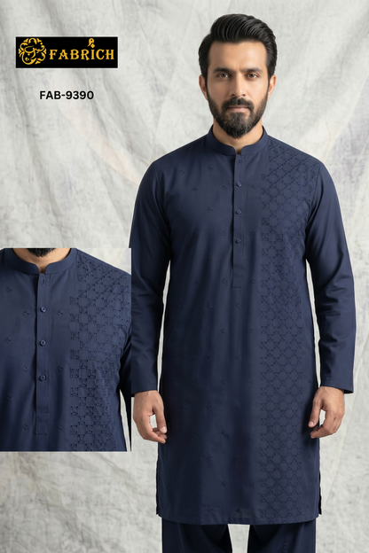 Unstitch Front Allover Cotton-Thread Cutwork Embroidered Kameez Shalwar - Navy