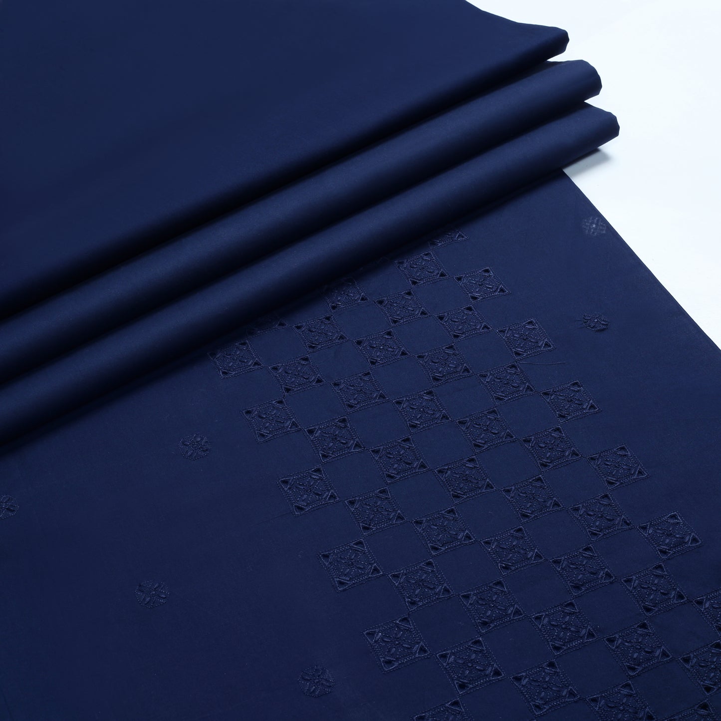 Unstitch Front Allover Cotton-Thread Cutwork Embroidered Kameez Shalwar - Navy