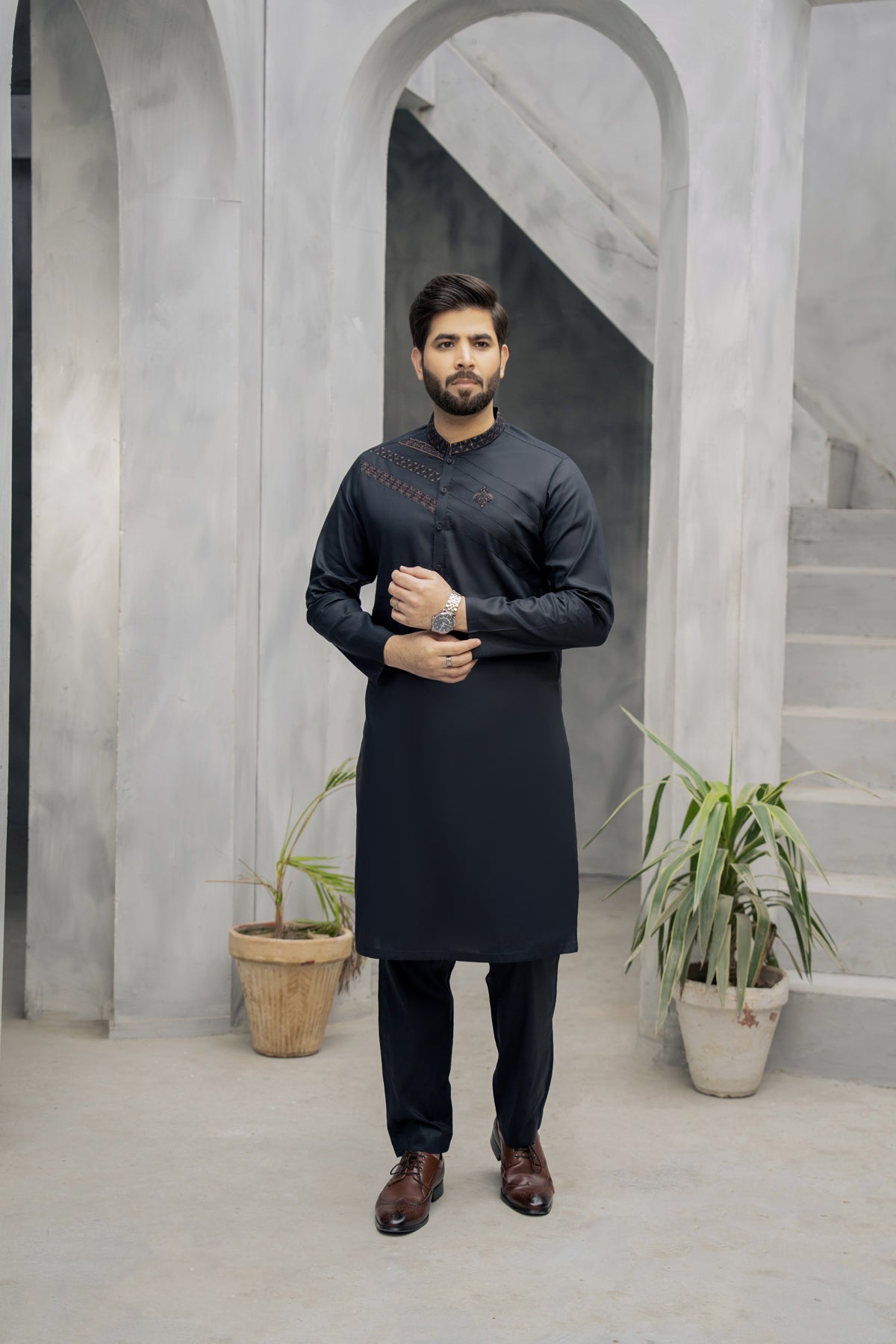 Men Unstitch Chest With Bann Embroidered Kameez Shalwar - Black
