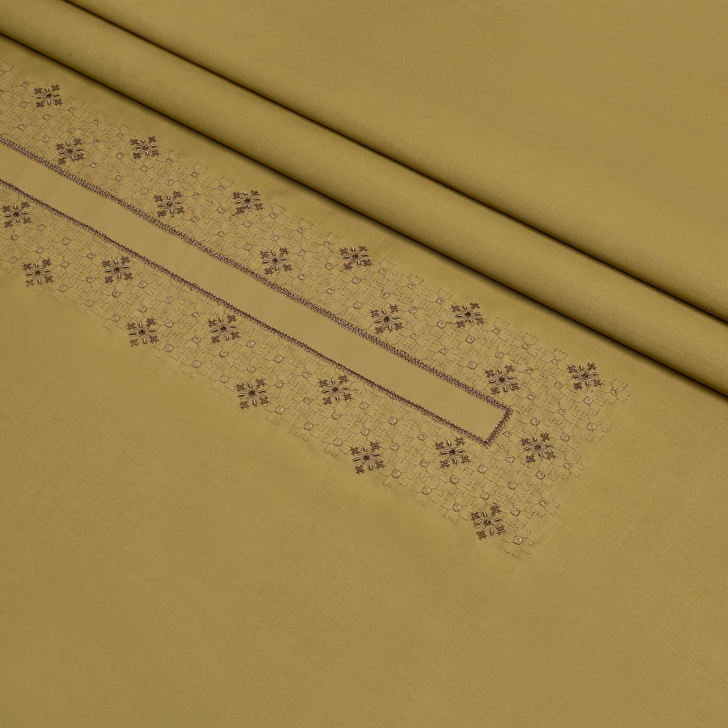 Men Unstitch Cross Stitch Embroidered Neckline Kameez Shalwar -Antique-Gold