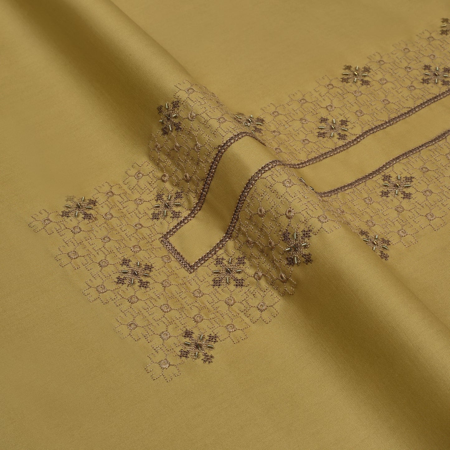 Men Unstitch Cross Stitch Embroidered Neckline Kameez Shalwar -Antique-Gold