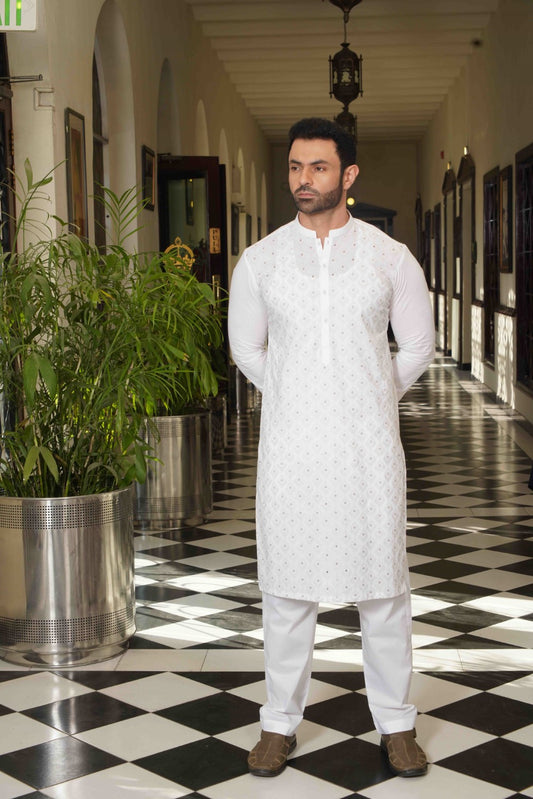 Premium  Men Embroidered Unstitch Kameez Shalwar  Off-White