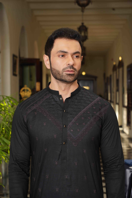 Premium  Men Embroidered Unstitch Kameez Shalwar  Black