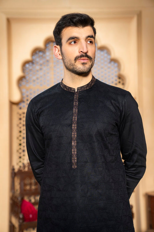 Premium  Men Embroidered Unstitch Kameez Shalwar  Black