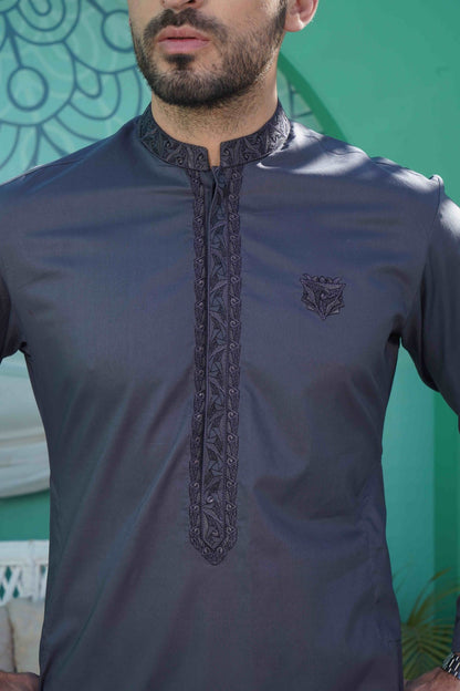 Men Unstitch Neckline-Motif With Bann/Placket Embroidered Kameez Shalwar - Delft/Grey