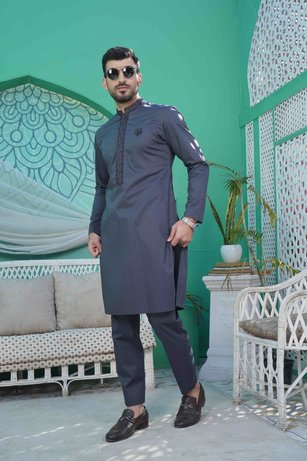 Men Unstitch Neckline-Motif With Bann/Placket Embroidered Kameez Shalwar - Delft/Grey