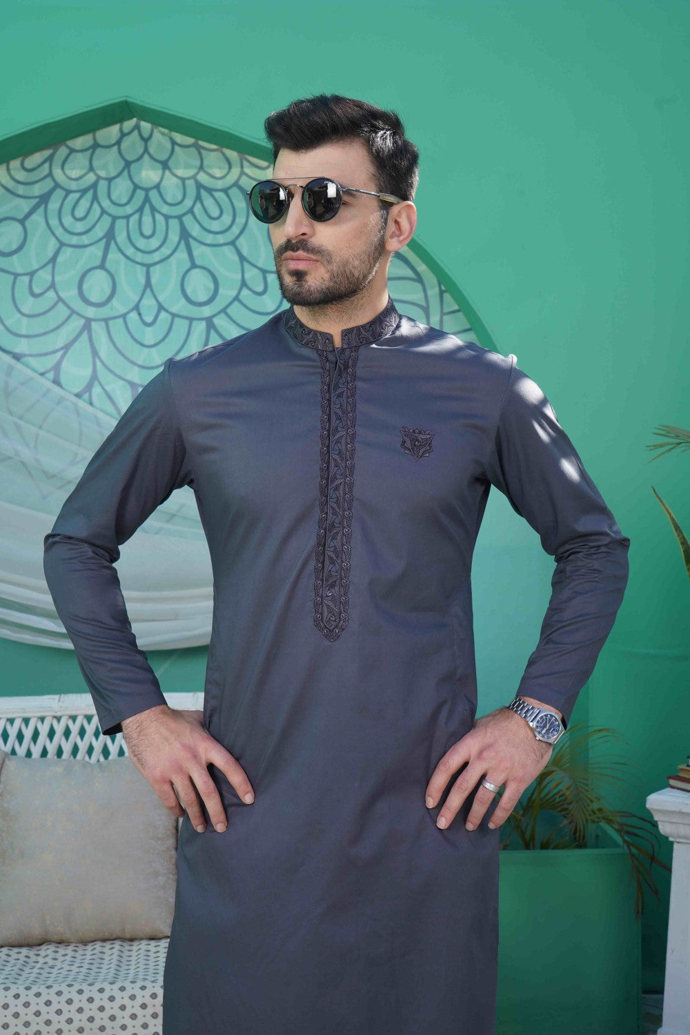 Men Unstitch Neckline-Motif With Bann/Placket Embroidered Kameez Shalwar - Delft/Grey