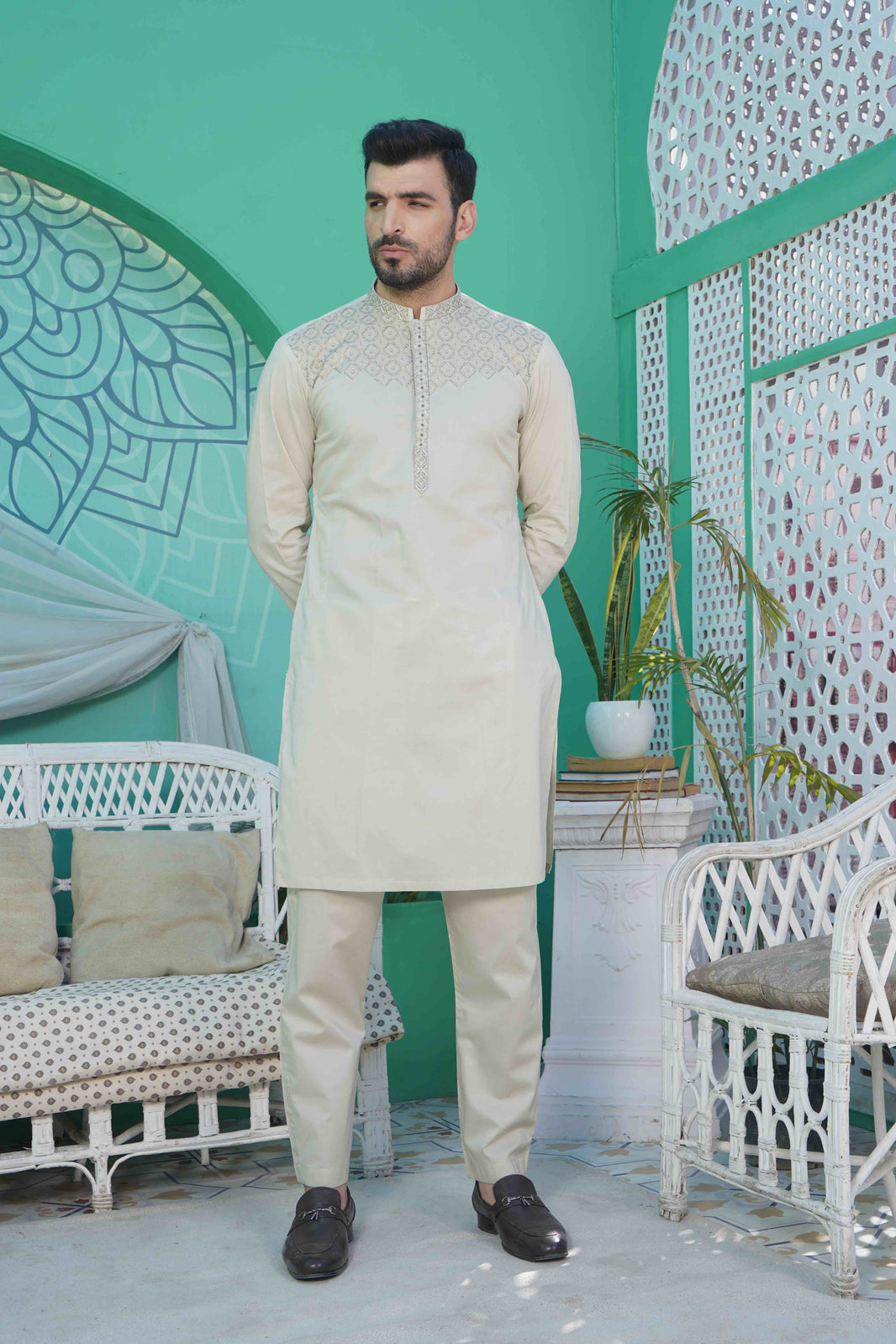 Men Unstitch Blond Chest Embroidered Cotton Kameez Shalwar