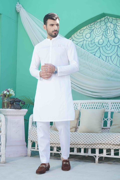 Men Unstitched White Kameez Shalwar With Cotton Thread Cutwork