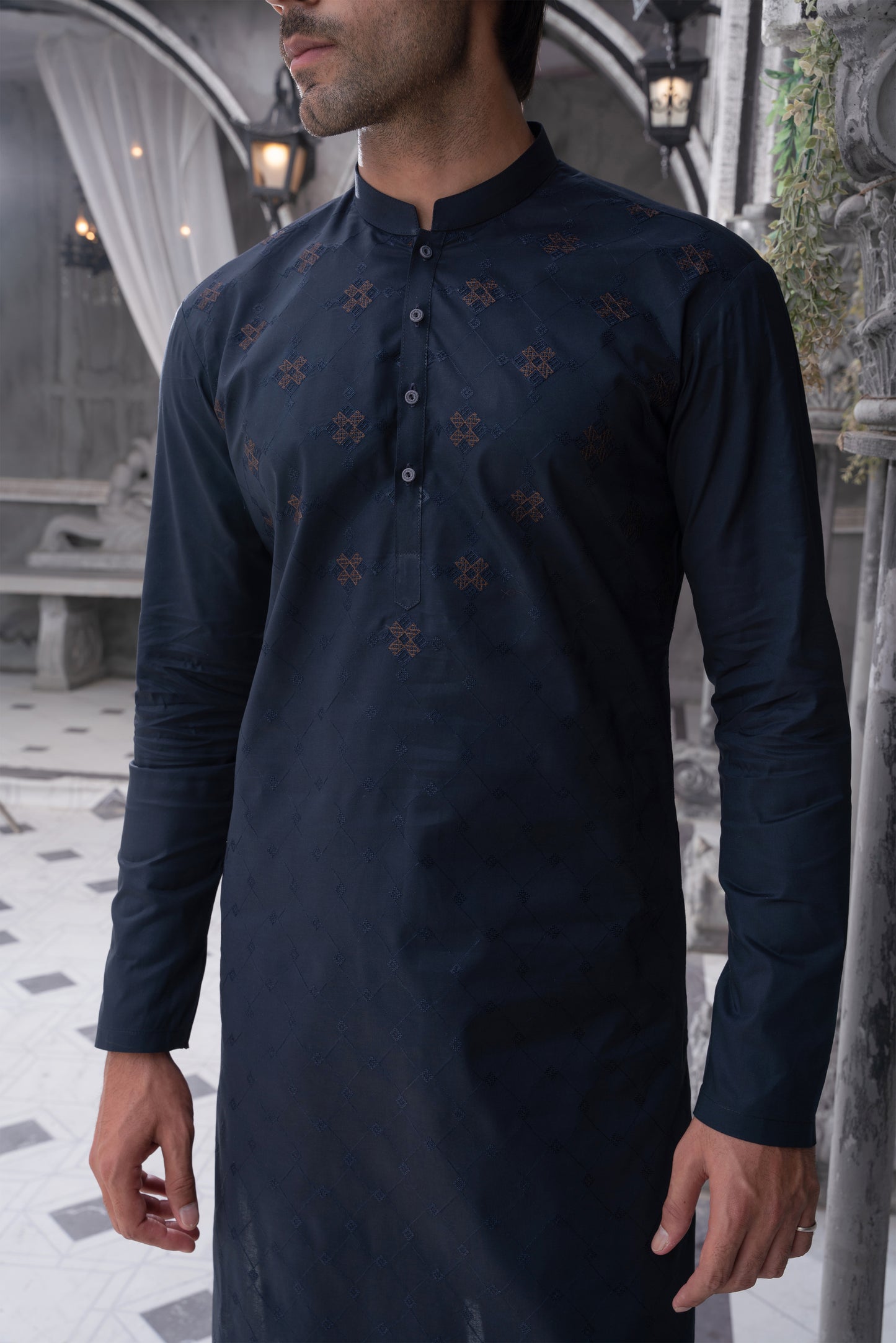 Men Unstitch Navy Chest Spray Embroidered Kameez – '25