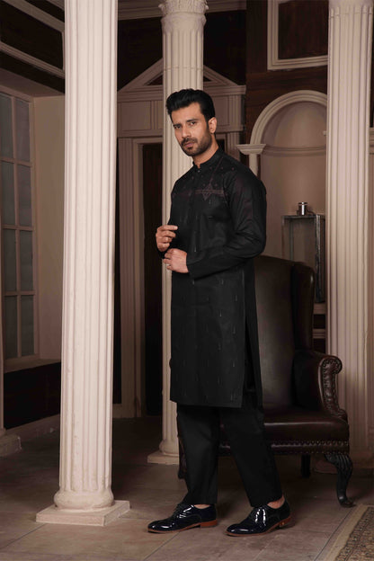 Men Unstitch Embroidery Kameez Shalwar-Black