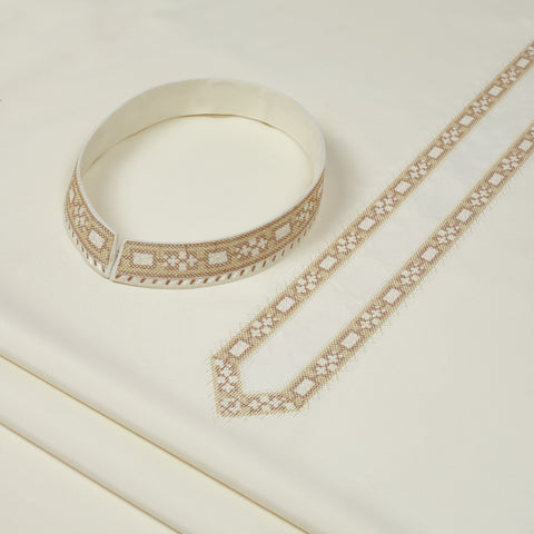 Men Unstitch Cross Stitch-Embroidered Necline/Bann Kameez Shalwar - Cream