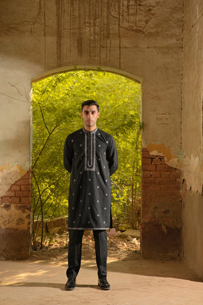 Men Unstitch Embroidered Neckline Kameez Shalwar With Front Spray Black
