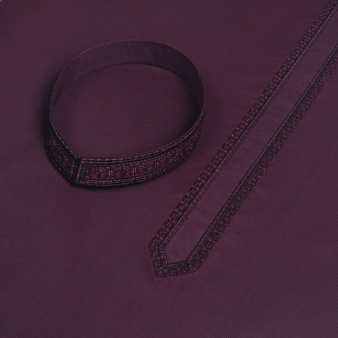 Men Unstitch 100% Textured Cotton Fabric Embroidered Kurta - Maroon-Oak