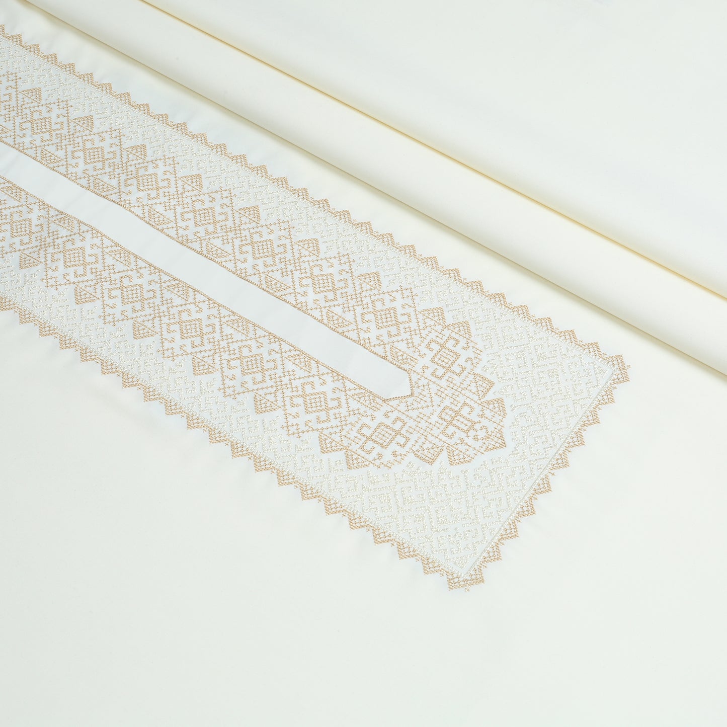 Men Unstitch Cross-Stitch Embroidered Neckline Kameez Shalwar - Cream