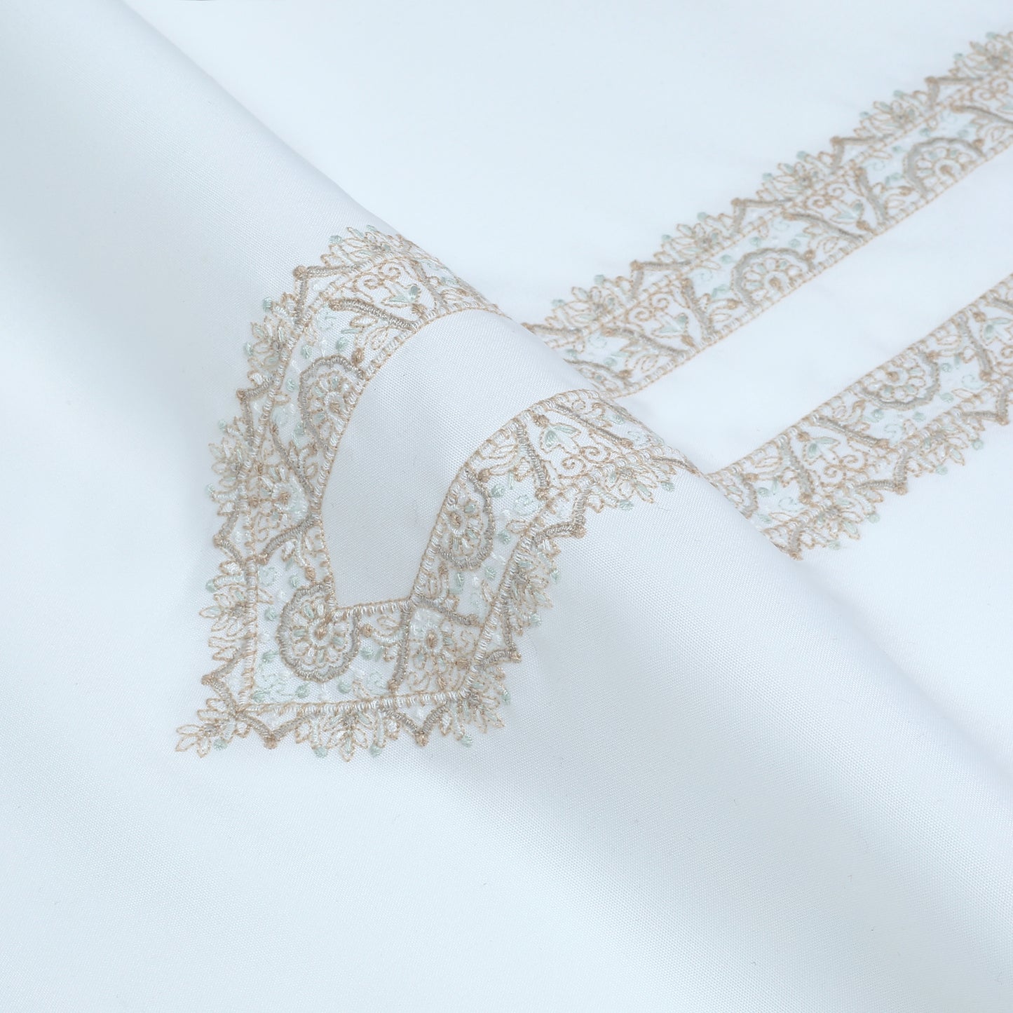 Men Unstitch 5-Colors Cotton Thread Neckline Embroidered Kameez Shalwar With Contrast Colors  & Signature Pattern Embroidery Design - Off-White