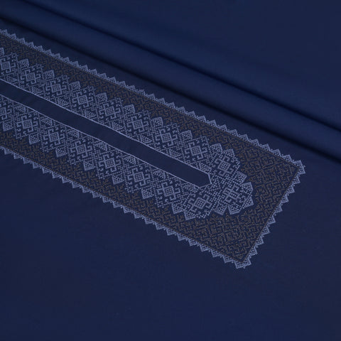 Men Unstitch Cross-Stitch Embroidered Neckline Kameez Shalwar With Signature Pattern And Design - Navy