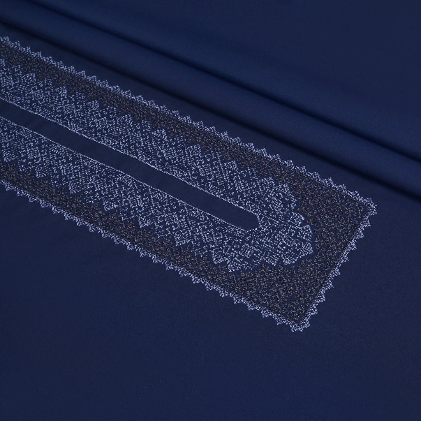 Men Unstitch Cross-Stitch Embroidered Neckline Kameez Shalwar With Signature Pattern And Design - Navy