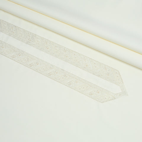 Men Unstitch Self Thread Run-Stitch Neckline Embroidered Kameez Shalwar With Contrast Colors  & Signature Pattern Embroidery Design - Cream