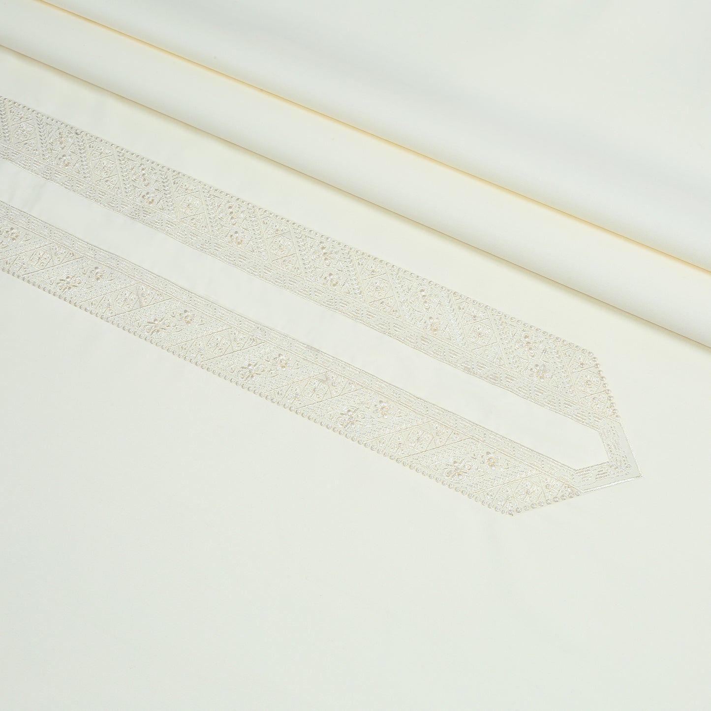 Men Unstitch Self Thread Run-Stitch Neckline Embroidered Kameez Shalwar With Contrast Colors  & Signature Pattern Embroidery Design - Cream