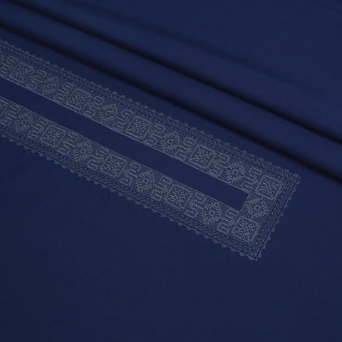 Men Unstitch Tarkashi Effect Embroidered Neckline Kameez Shalwar With Contrast Colors & Signature Pattern Embroidery Design - Navy