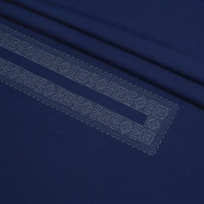 Men Unstitch Tarkashi Effect Embroidered Neckline Kameez Shalwar With Contrast Colors & Signature Pattern Embroidery Design - Navy