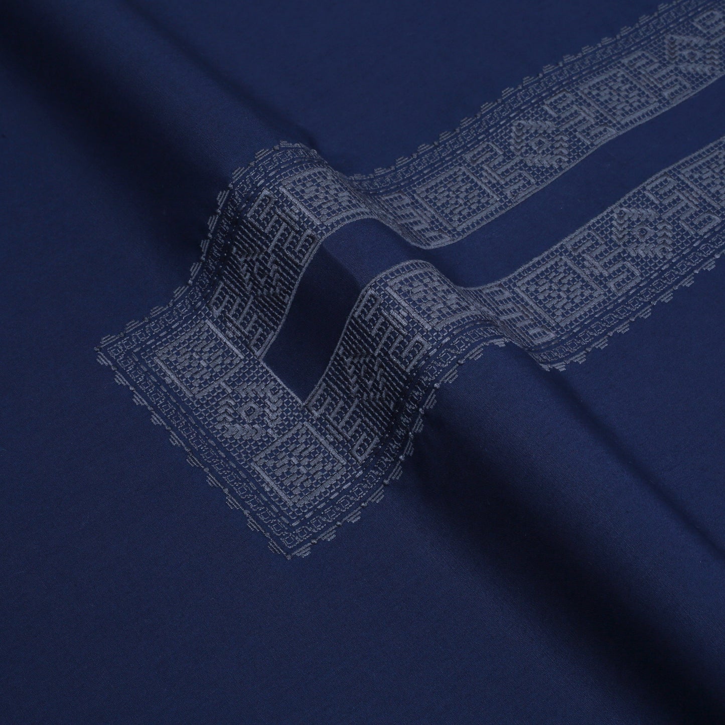 Men Unstitch Tarkashi Effect Embroidered Neckline Kameez Shalwar With Contrast Colors & Signature Pattern Embroidery Design - Navy