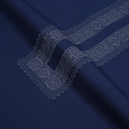 Men Unstitch Tarkashi Effect Embroidered Neckline Kameez Shalwar With Contrast Colors & Signature Pattern Embroidery Design - Navy