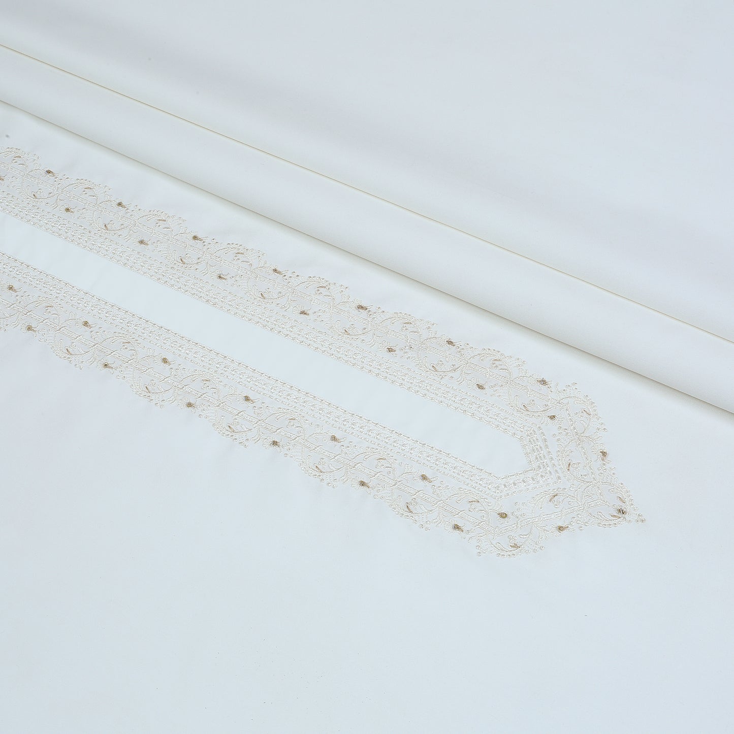 Men Unstitch Semi-Formal Embroidered Neckline Kameez Shalwar With Self Colors & Fancy Sequins Handmade Work - Off-White