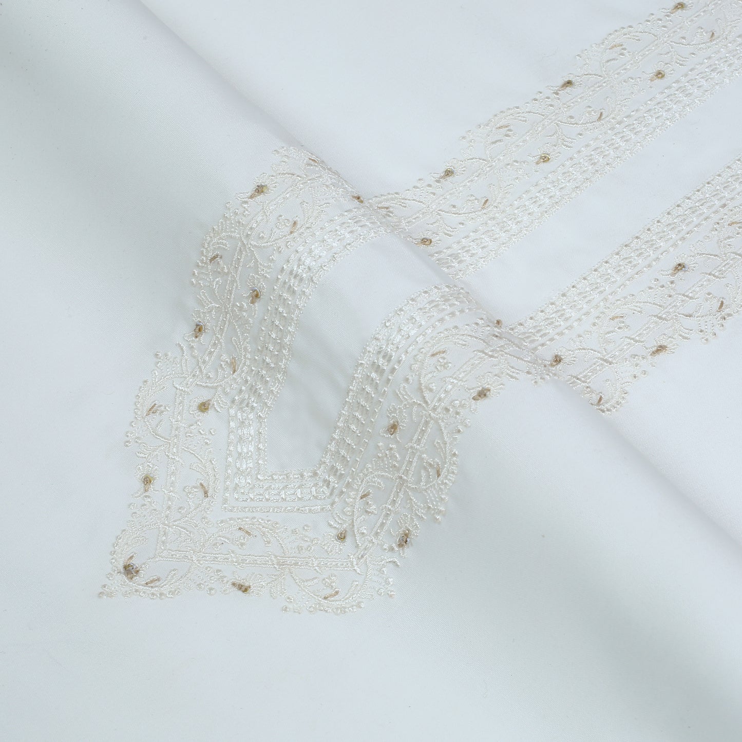 Men Unstitch Semi-Formal Embroidered Neckline Kameez Shalwar With Self Colors & Fancy Sequins Handmade Work - Off-White