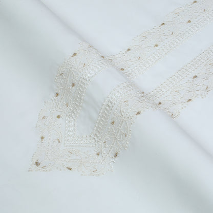 Men Unstitch Semi-Formal Embroidered Neckline Kameez Shalwar With Self Colors & Fancy Sequins Handmade Work - Off-White