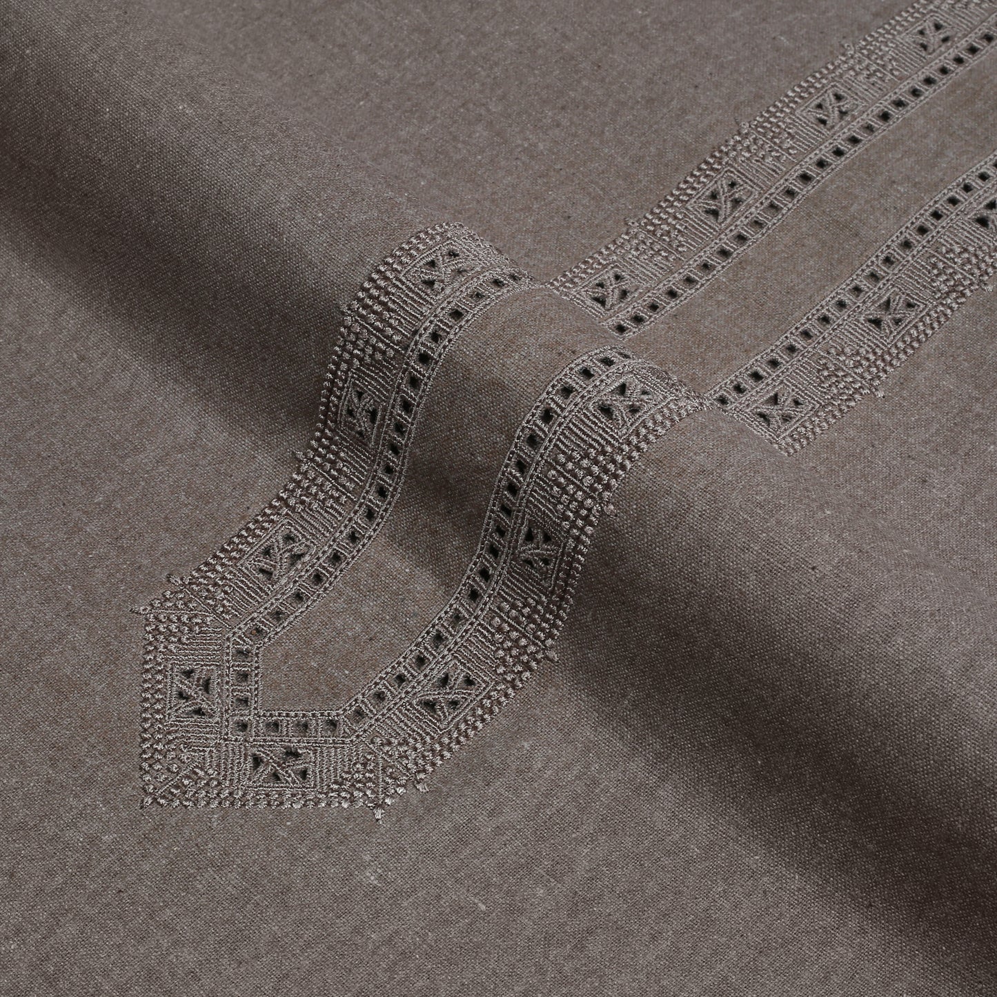 Men Unstitch Embroidered Khaddar Cutwork Neckline - Mud