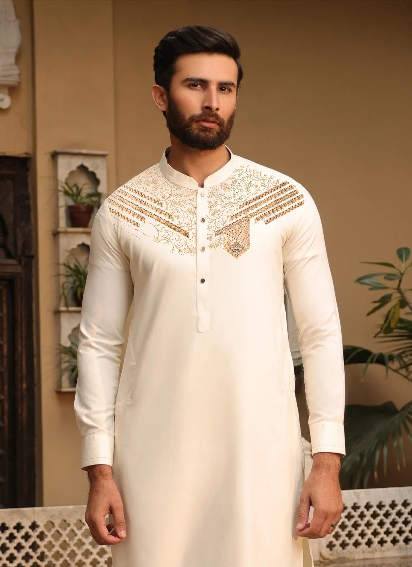 Men’s Cream Embroidered Kameez Shalwar – Monochrome Edit'25