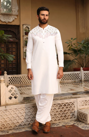 Men’s Off-White Embroidered Kameez Shalwar - Monochrome Edit'25