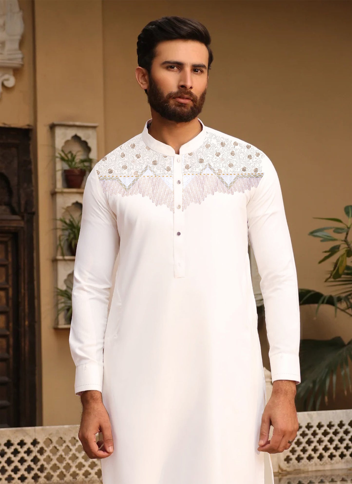 Men’s Off-White Embroidered Kameez Shalwar - Monochrome Edit'25