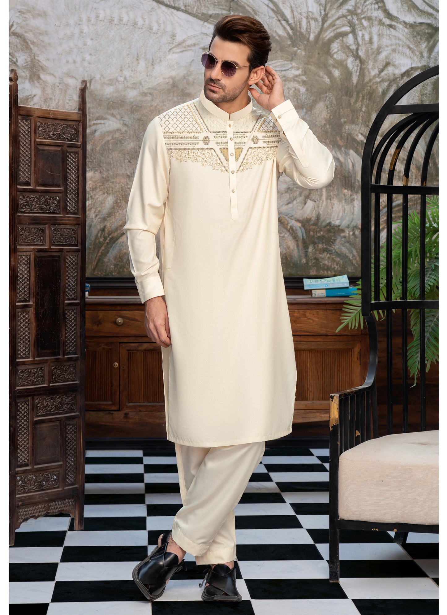 Cream Embroidered Kameez Shalwar for Men - Monochrome Edit'25