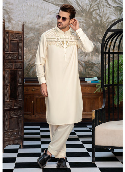 Cream Embroidered Kameez Shalwar for Men - Monochrome Edit'25