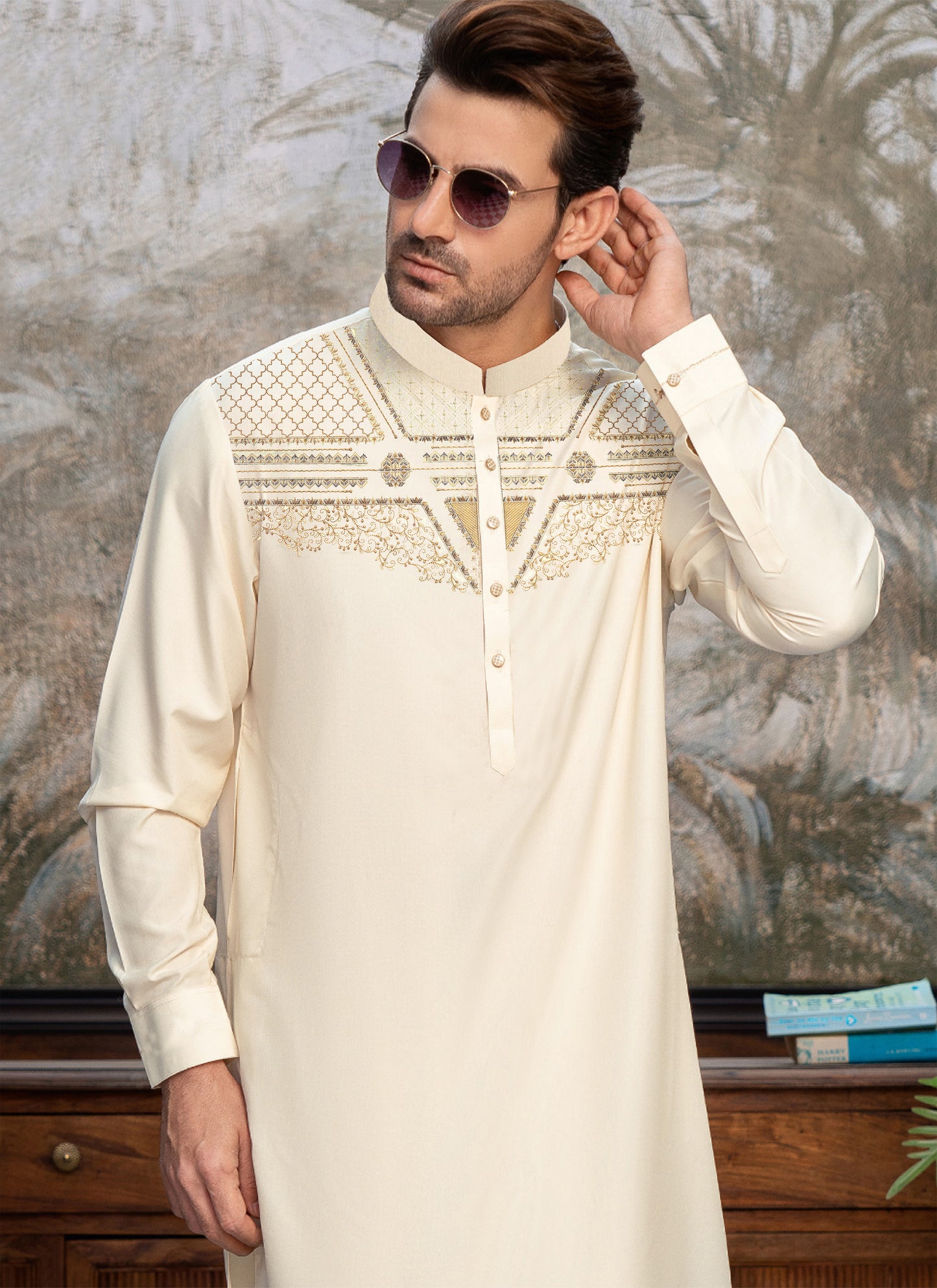 Cream Embroidered Kameez Shalwar for Men - Monochrome Edit'25