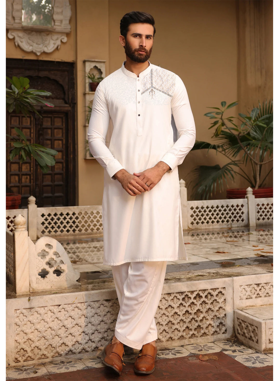 Off-White Embroidered Kameez Shalwar for Men