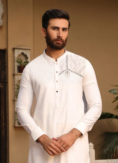 Off-White Embroidered Kameez Shalwar for Men - Monochrome Edit'25