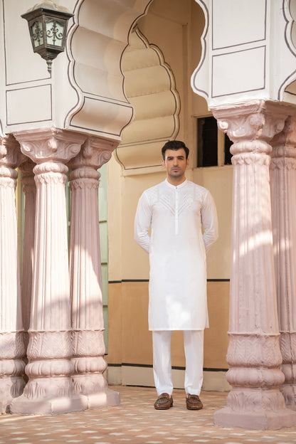 Men Embroidered Unstitch Kameez Shalwar-Off-White