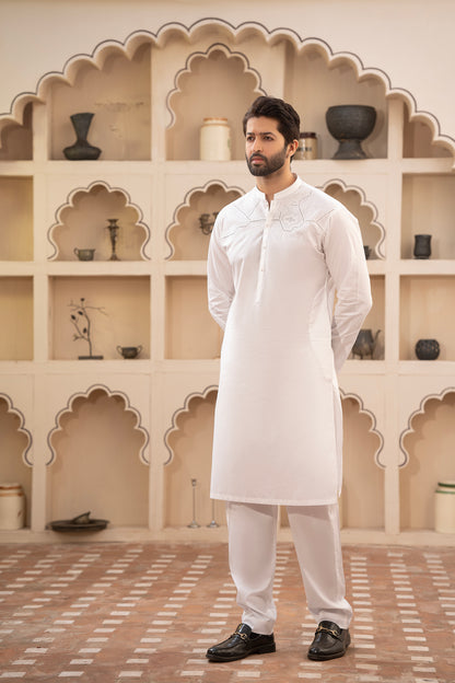 Men Embroidered Unstitch Kameez Shalwar-Off-White