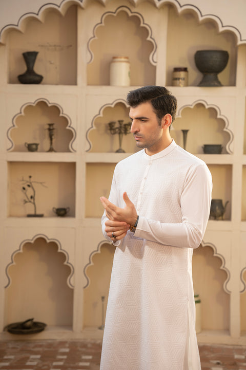 Men Embroidered Unstitch Kameez Shalwar-Off-White